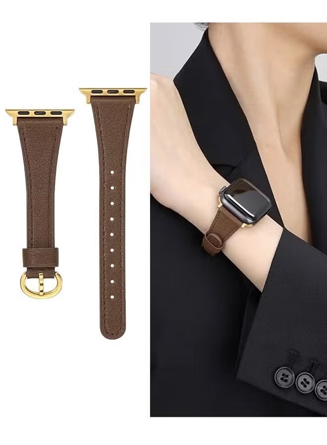 Apple Watch Leather Band, Top Grain Genuine Leather Strap, 42/44/45/46/49mm Women’s Thin Wristband, Compatible with Series 1-10/SE/Ultra 2, Brown - Image 1