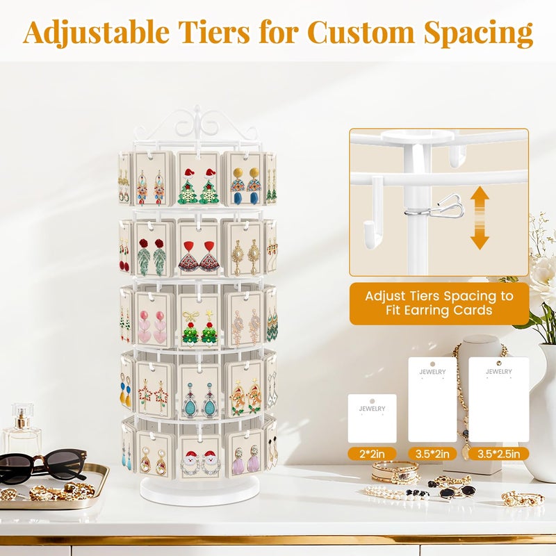EsLuker.ly Earring Holder Organizer Rotating Display Tree Stand, Adjustable Height Earring Card Hanger Rack with 50 Hooks for Vendors Market Selling, 5 Tier Metal Jewelry Storage Tower, White - Image 2