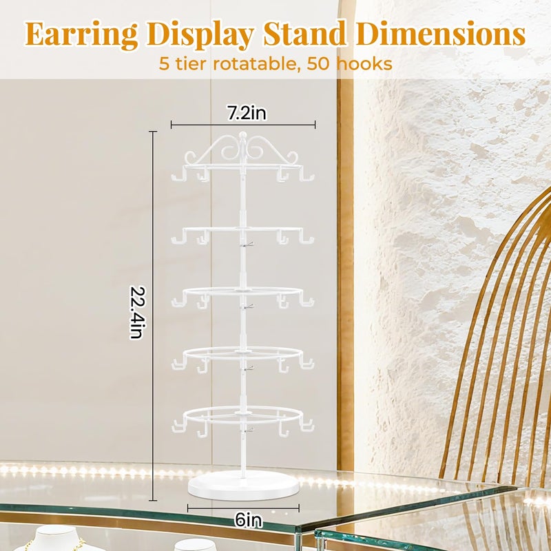 EsLuker.ly Earring Holder Organizer Rotating Display Tree Stand, Adjustable Height Earring Card Hanger Rack with 50 Hooks for Vendors Market Selling, 5 Tier Metal Jewelry Storage Tower, White - Image 4