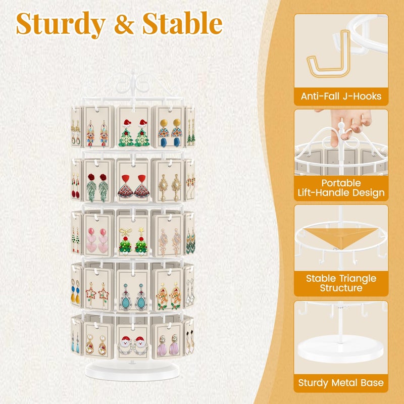 EsLuker.ly Earring Holder Organizer Rotating Display Tree Stand, Adjustable Height Earring Card Hanger Rack with 50 Hooks for Vendors Market Selling, 5 Tier Metal Jewelry Storage Tower, White - Image 3
