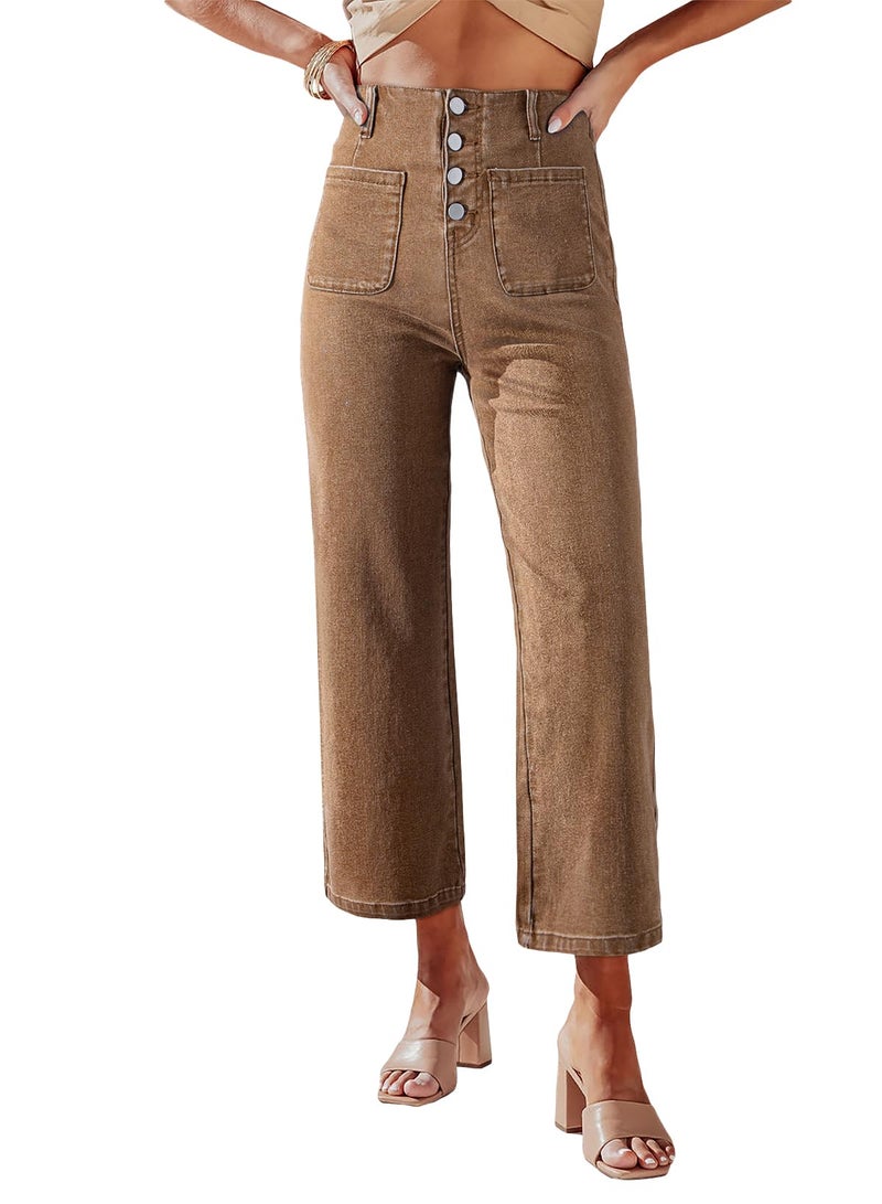 Sidefeel Women's Wide Leg Jeans High Waisted Stretchy Zimbaplatinum Straight Leg Jeans Buttoned Loose Denim Pants with Pocket Brown Size 4 - Image 1