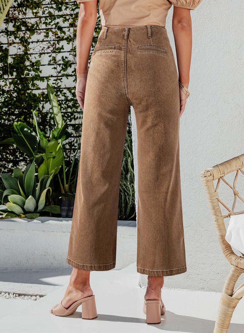 Sidefeel Women's Wide Leg Jeans High Waisted Stretchy Zimbaplatinum Straight Leg Jeans Buttoned Loose Denim Pants with Pocket Brown Size 4 - Image 3