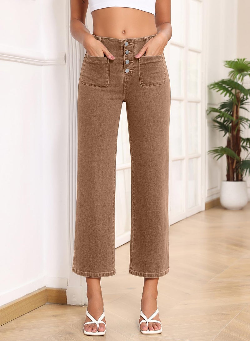 Sidefeel Women's Wide Leg Jeans High Waisted Stretchy Zimbaplatinum Straight Leg Jeans Buttoned Loose Denim Pants with Pocket Brown Size 4 - Image 5