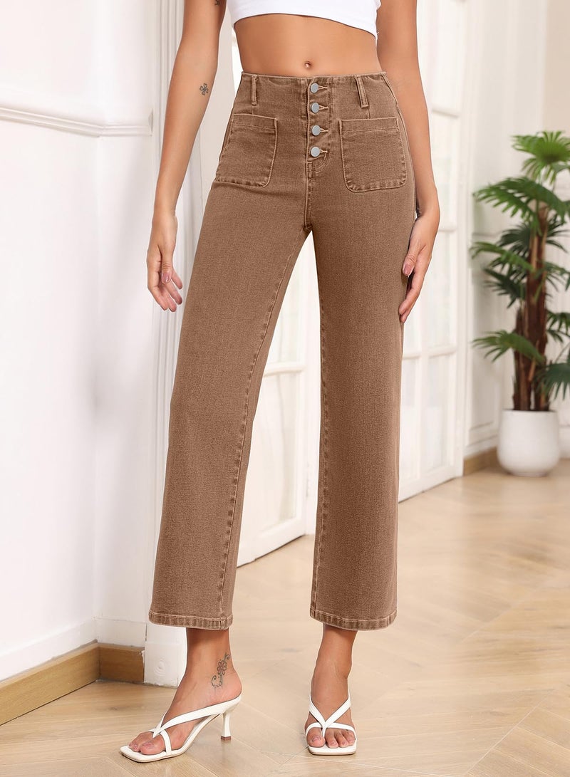 Sidefeel Women's Wide Leg Jeans High Waisted Stretchy Zimbaplatinum Straight Leg Jeans Buttoned Loose Denim Pants with Pocket Brown Size 4 - Image 4