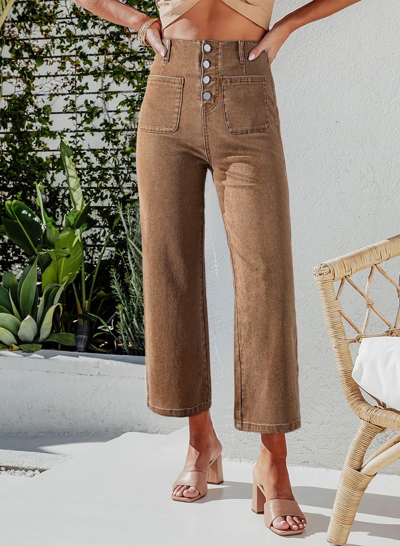 Sidefeel Women's Wide Leg Jeans High Waisted Stretchy Zimbaplatinum Straight Leg Jeans Buttoned Loose Denim Pants with Pocket Brown Size 4 - Image 2