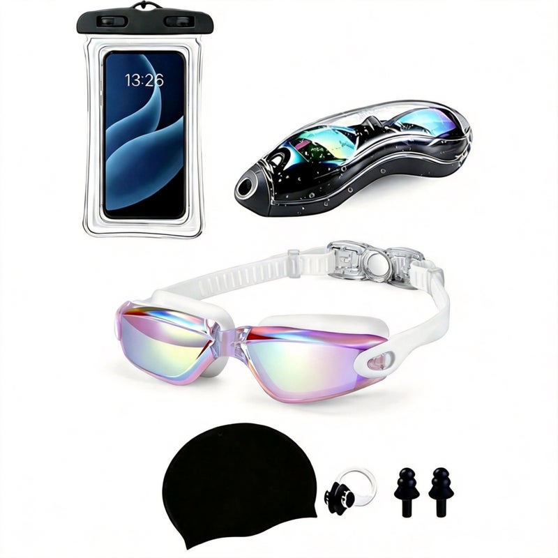 Ke Nai Da Adult Swimming Goggles Set with Electroplated Lens, Silicone Cap, Waterproof Phone Pouch, Nose Clip & Ear Plugs - 5 Piece Kit - Image 5