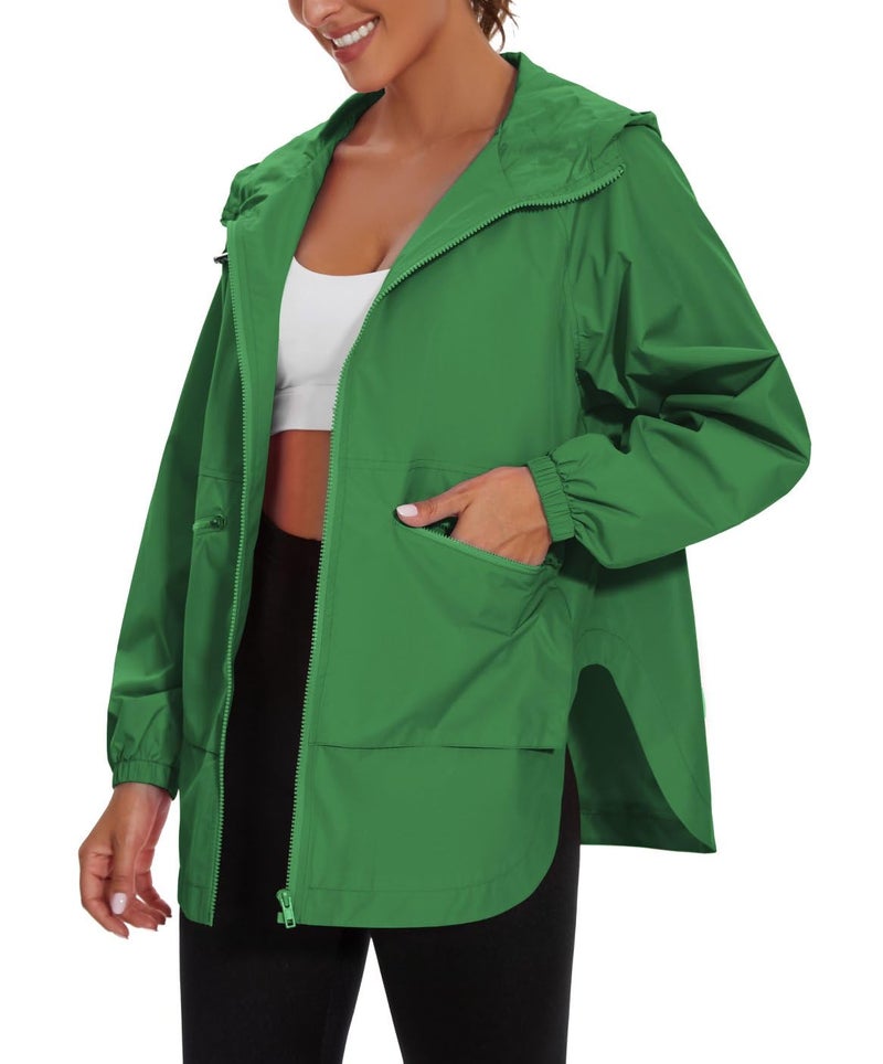 PESION Lightweight Rain Jacket Women Waterproof Raincoat Packable Hooded Windbreaker, Green - Image 1