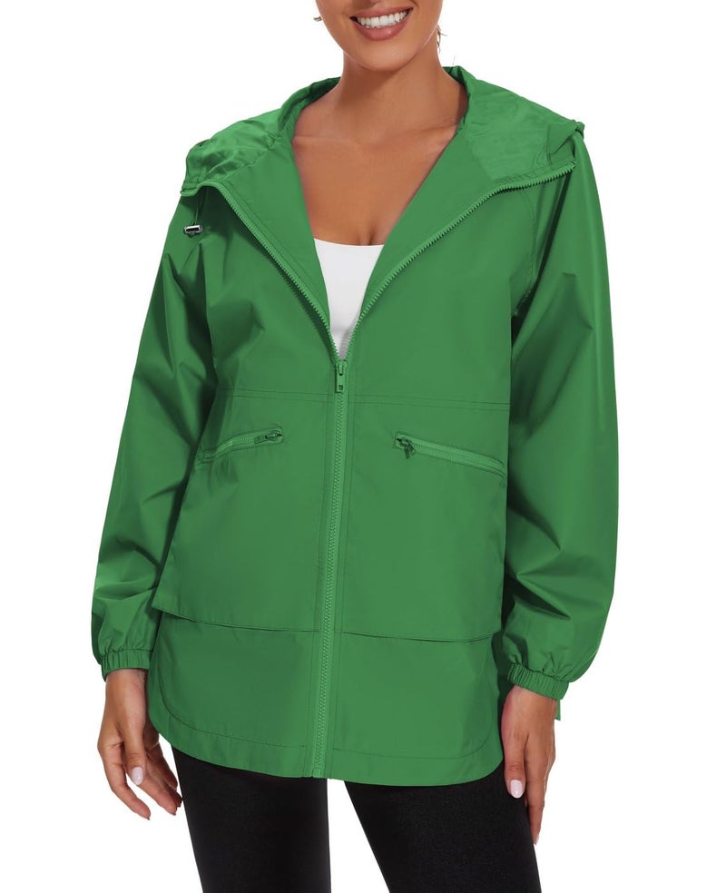 PESION Lightweight Rain Jacket Women Waterproof Raincoat Packable Hooded Windbreaker, Green - Image 3