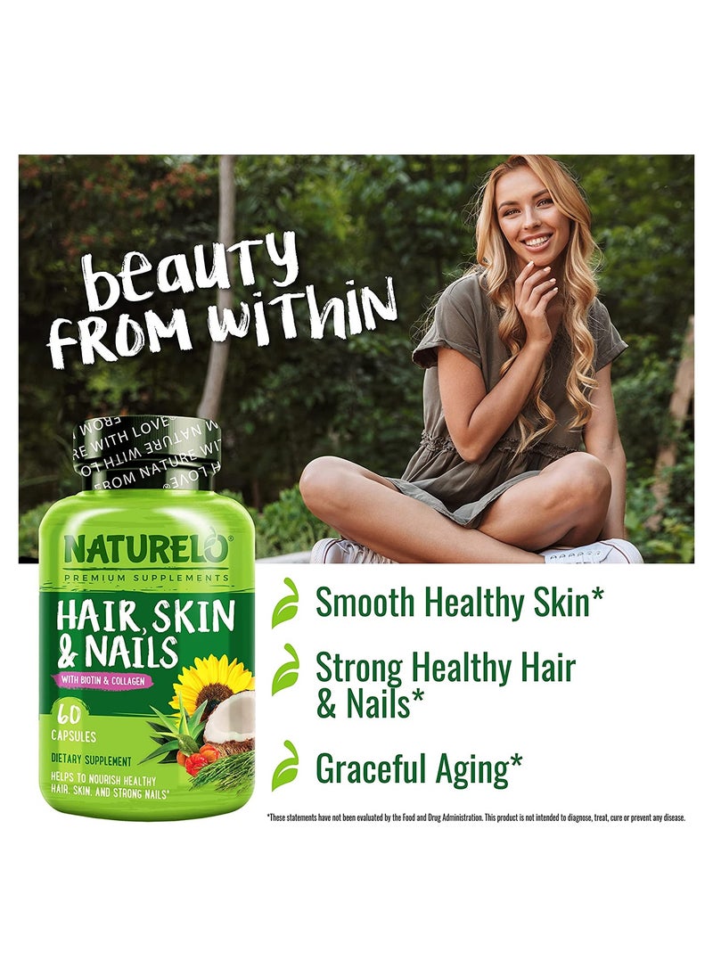 NATURELO - Hair, Skin And Nails With Biotin, Collagen Dietary Supplement Helps To Nourish Healthy Hair Skin And Strong Nails - 60 Capsules - Image 1
