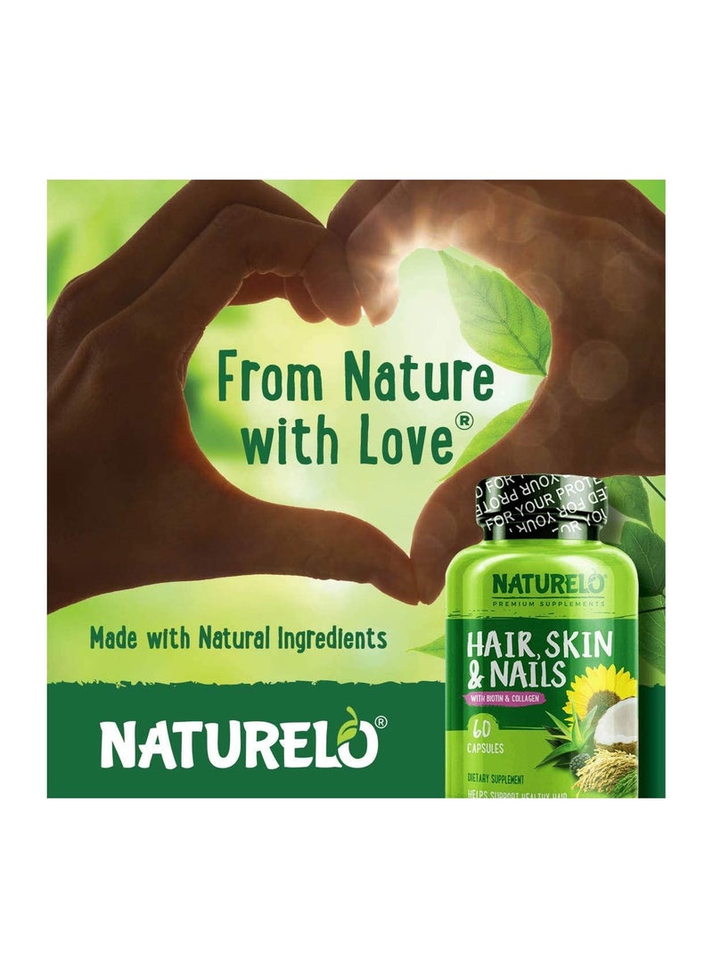 NATURELO - Hair, Skin And Nails With Biotin, Collagen Dietary Supplement Helps To Nourish Healthy Hair Skin And Strong Nails - 60 Capsules - Image 1