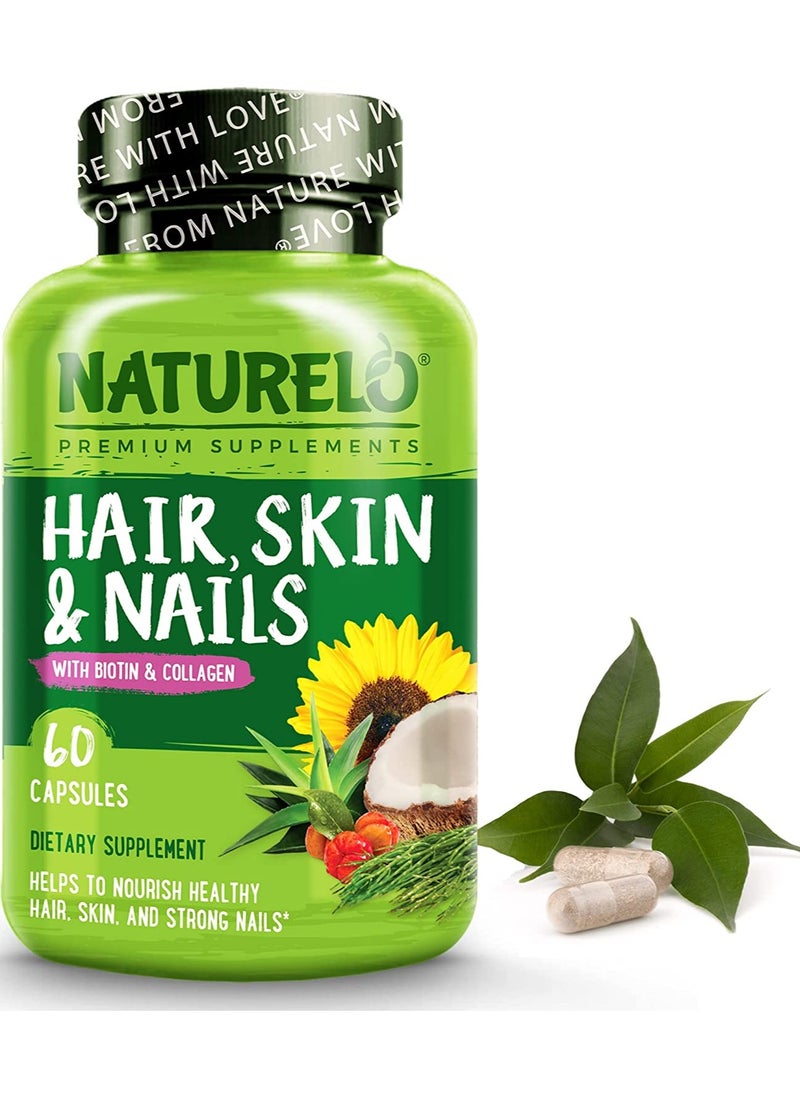 NATURELO - Hair, Skin And Nails With Biotin, Collagen Dietary Supplement Helps To Nourish Healthy Hair Skin And Strong Nails - 60 Capsules - Image 1