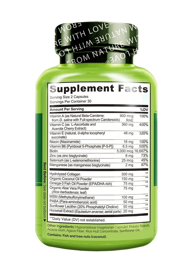 NATURELO - Hair, Skin And Nails With Biotin, Collagen Dietary Supplement Helps To Nourish Healthy Hair Skin And Strong Nails - 60 Capsules - Image 1