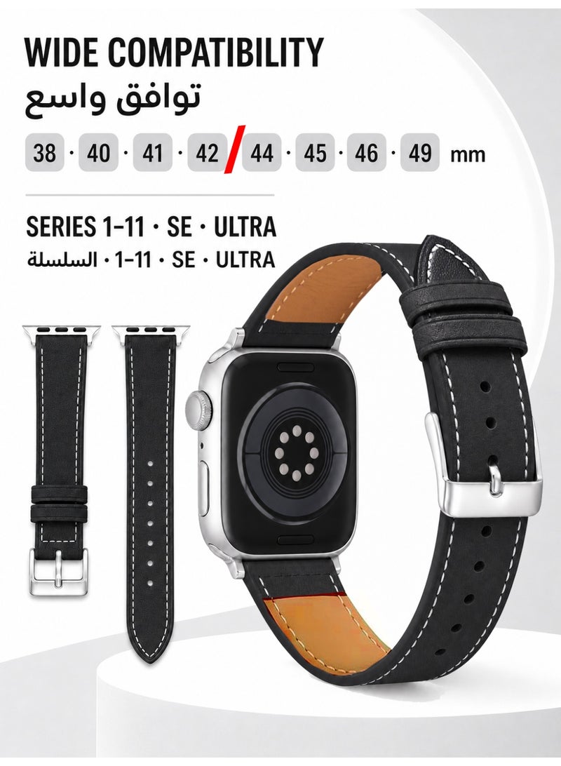 حزام من جلد المايكروفايبر متوافق مع ساعة Apple Watch بمقاس 44 مم/45 مم/46 مم/49 مم، حزام ساعة متين ومقاوم للماء لساعة iWatch سلسلة Series 11 و10 و9 و8 و7 و6 و5 و4 وSE/SE2/SE3 وUltra/Ultra 2/Ultra 3، لون أسود - Image 4