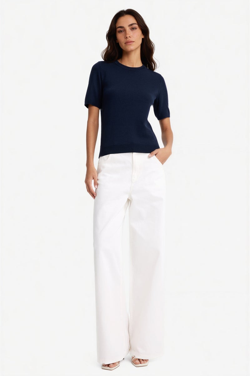 ديفاكتو بلوفر تريكو نص كم قصة عادية برقبة مستديرة كحلي - Image 2