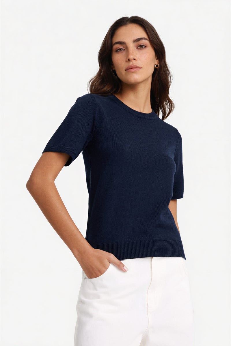 ديفاكتو بلوفر تريكو نص كم قصة عادية برقبة مستديرة كحلي - Image 3