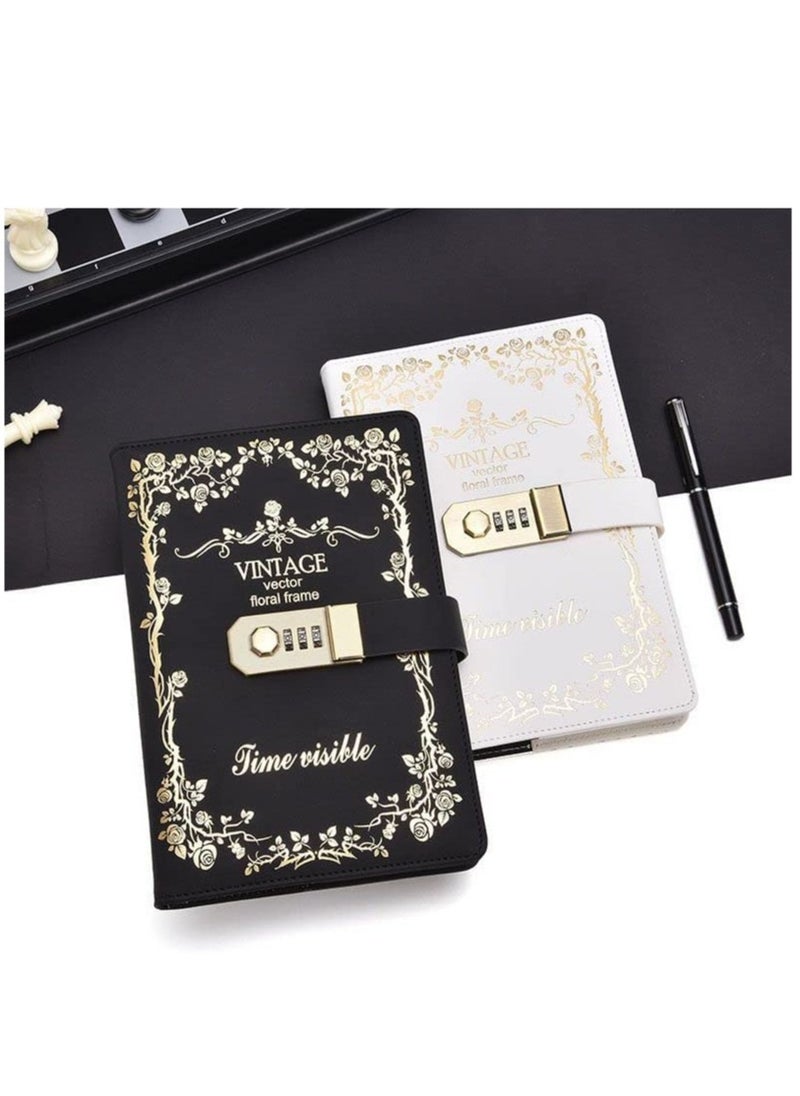 Lock Journal Diary Digital Password Notebook Leather Binder With Combination Print Bronzing Black