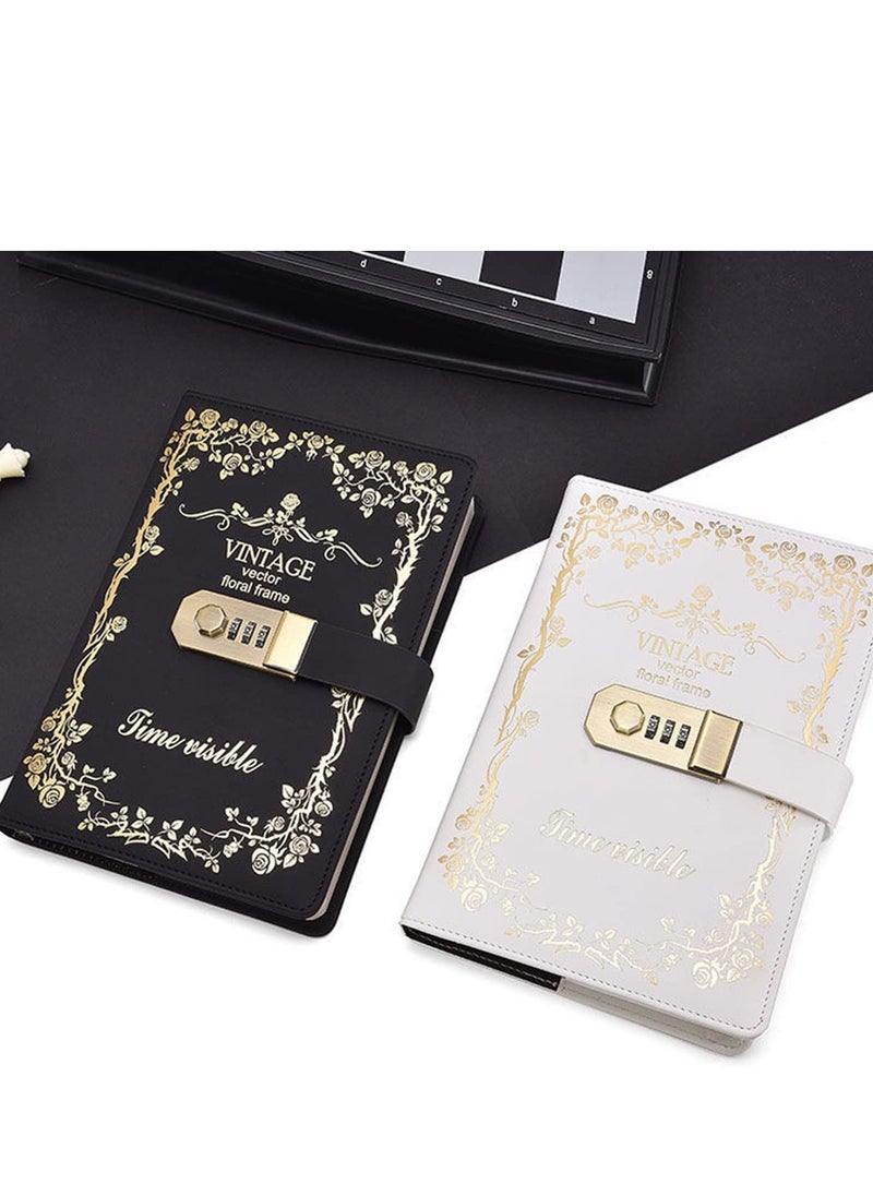 Lock Journal Diary Digital Password Notebook Leather Binder With Combination Print Bronzing Black