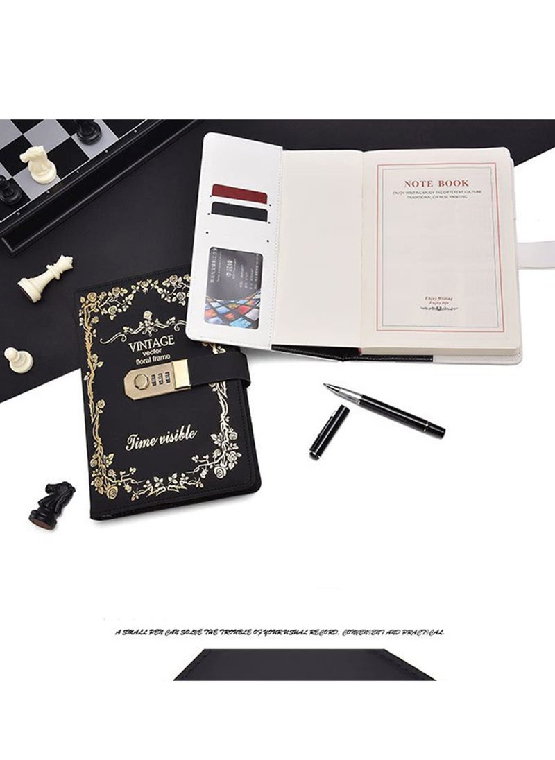Lock Journal Diary Digital Password Notebook Leather Binder With Combination Print Bronzing Black
