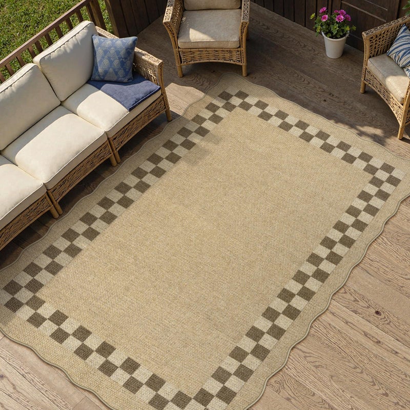 LIVEBOX Scalloped Easy Jute Checkered 3x5 Outdoor Rug, Washable Non-Slip Tan Rugs for Entryway, Geometric Indoor Outdoor Rug Farmhouse Boho Carpet Door Mat for Patio Porch Bedroom Living Room Modern - Image 3