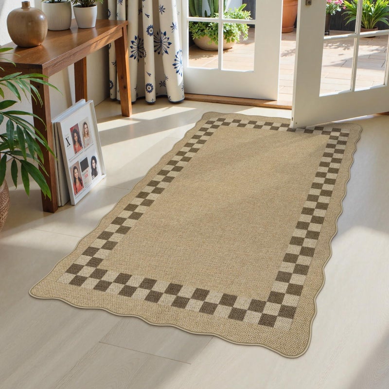 LIVEBOX Scalloped Easy Jute Checkered 3x5 Outdoor Rug, Washable Non-Slip Tan Rugs for Entryway, Geometric Indoor Outdoor Rug Farmhouse Boho Carpet Door Mat for Patio Porch Bedroom Living Room Modern - Image 1