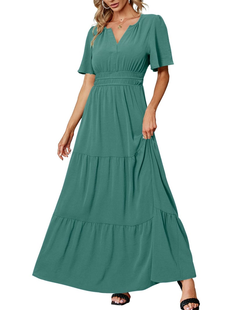 Amegoya Women's Summer Boho Maxi Dresses Casual V Neck Short Sleeve A-line Empire Waist Long Flowy Beach Dress (Teal M) - Image 1