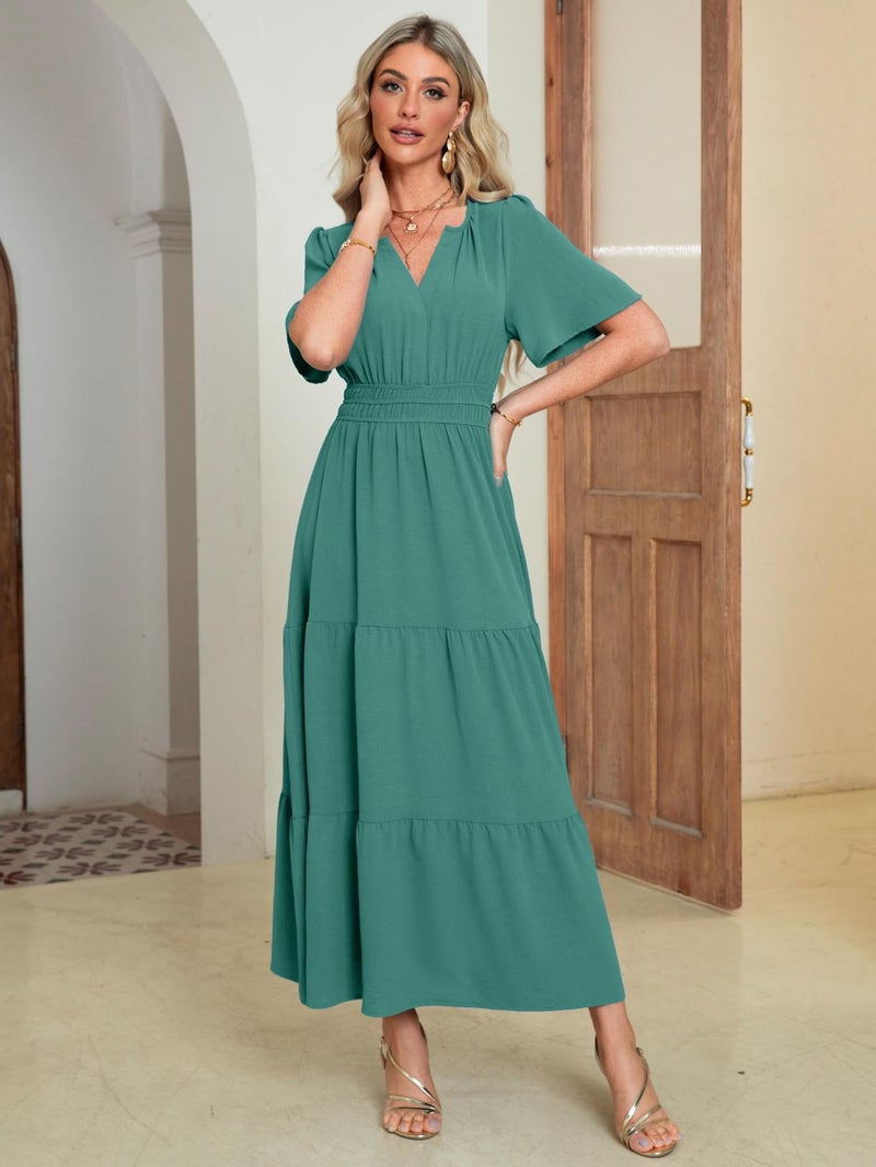 Amegoya Women's Summer Boho Maxi Dresses Casual V Neck Short Sleeve A-line Empire Waist Long Flowy Beach Dress (Teal M) - Image 2