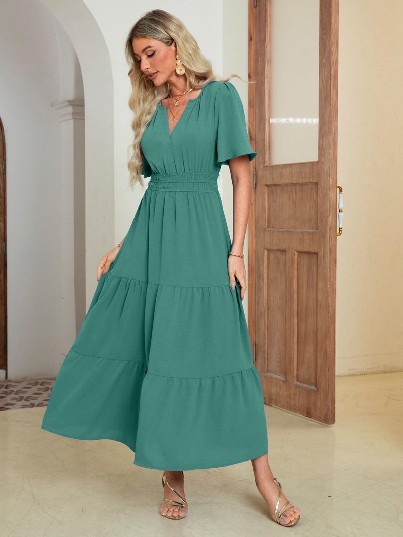 Amegoya Women's Summer Boho Maxi Dresses Casual V Neck Short Sleeve A-line Empire Waist Long Flowy Beach Dress (Teal M) - Image 3