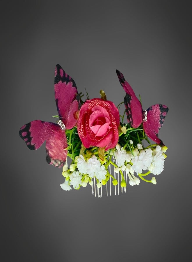 ANVIK Rose and Butterfly Fancy Hair Clip/Side Pin/Comb Pin/Juda Pin/Crystal Bun Pin For Women And Girls Bride Hair Styling Wedding Hair Accessories For Women Flower Hair Accessory For Women (Pink) - Image 1