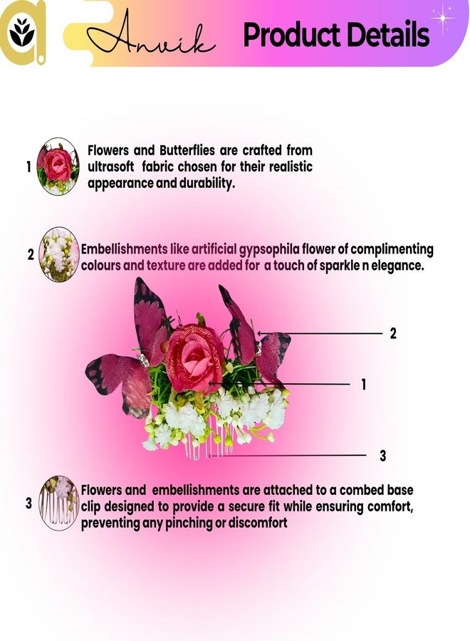 ANVIK Rose and Butterfly Fancy Hair Clip/Side Pin/Comb Pin/Juda Pin/Crystal Bun Pin For Women And Girls Bride Hair Styling Wedding Hair Accessories For Women Flower Hair Accessory For Women (Pink) - Image 2