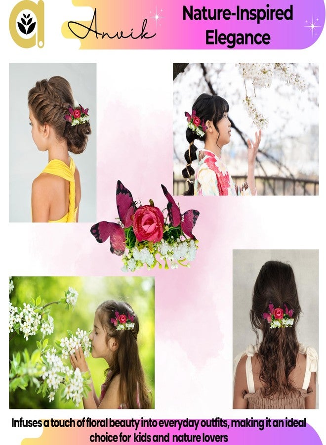ANVIK Rose and Butterfly Fancy Hair Clip/Side Pin/Comb Pin/Juda Pin/Crystal Bun Pin For Women And Girls Bride Hair Styling Wedding Hair Accessories For Women Flower Hair Accessory For Women (Pink) - Image 5