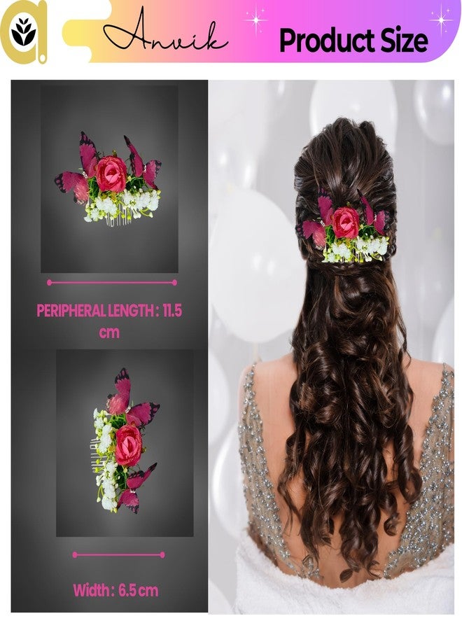 ANVIK Rose and Butterfly Fancy Hair Clip/Side Pin/Comb Pin/Juda Pin/Crystal Bun Pin For Women And Girls Bride Hair Styling Wedding Hair Accessories For Women Flower Hair Accessory For Women (Pink) - Image 3