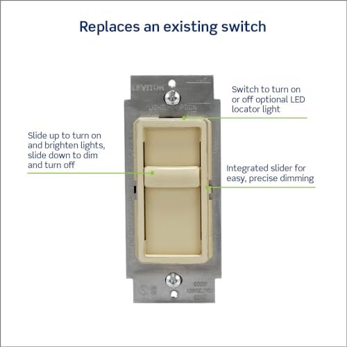 Leviton SureSlide Dimmer Switch for Dimmable LED, Halogen and Incandescent Bulbs, 6672-1LI, Ivory - Image 3