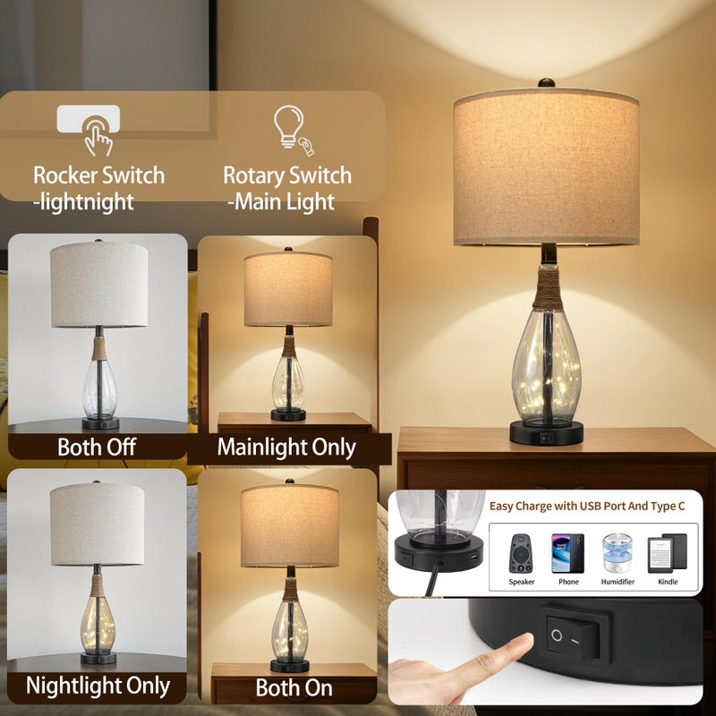 OYEARS Bedside Table Lamp with USB, 23â€˜â€™ Black Modern Nightstand Lamps for Bedroom, Retro Rattan Table Lamps for Night Stands, Living Room, Farmhouse Table Lamp with Glass Nightlight Lamps - Image 3