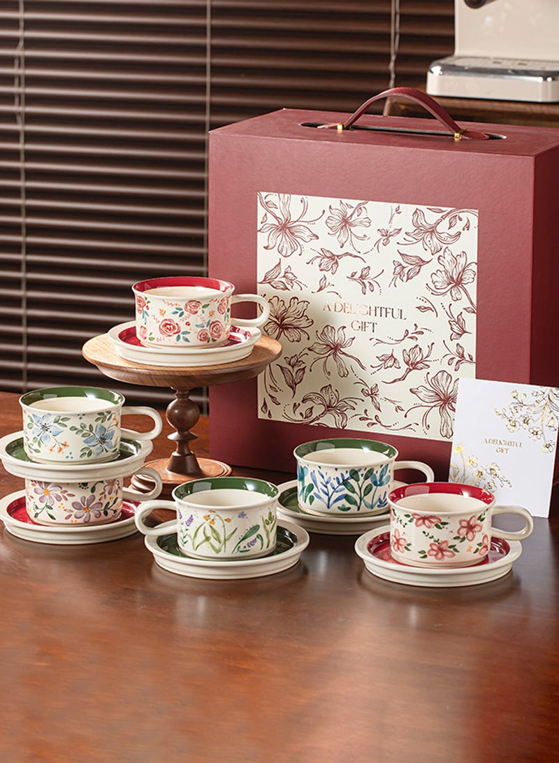 260ml Per Cup 6-Piece Floral Ceramic Coffee Cup & Saucer Gift Set (Hyacinth Purple/Grass/Nigella/Rose/Agapanthus/Tulip Designs) - Microwave/Dishwasher/Sterilizer Safe Elegant Mug for Coffee/Afternoon Tea - Home & Gifting Tableware - Image 1