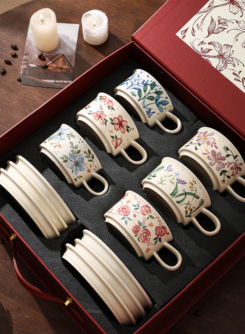 260ml Per Cup 6-Piece Floral Ceramic Coffee Cup & Saucer Gift Set (Hyacinth Purple/Grass/Nigella/Rose/Agapanthus/Tulip Designs) - Microwave/Dishwasher/Sterilizer Safe Elegant Mug for Coffee/Afternoon Tea - Home & Gifting Tableware - Image 3
