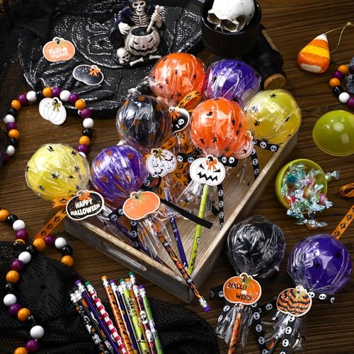 Simgoing 96 Pcs Halloween Party Favors Gift Trick or Treat Container Halloween Pencil Empty Giant Lollipop Stationery Candy Fillable Hold Plastic Lollipop Storage for Classroom Gifts - Image 3