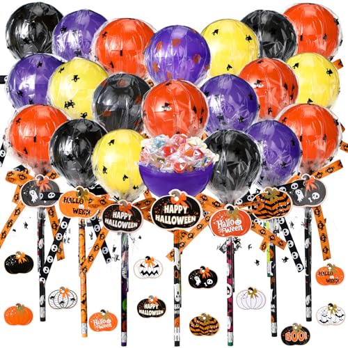 Simgoing 96 Pcs Halloween Party Favors Gift Trick or Treat Container Halloween Pencil Empty Giant Lollipop Stationery Candy Fillable Hold Plastic Lollipop Storage for Classroom Gifts - Image 1