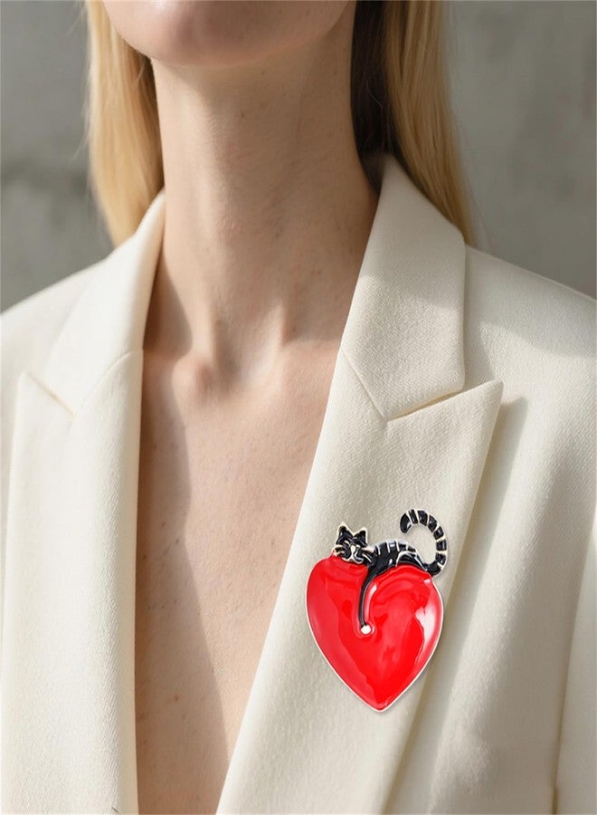 بروش قطة الحب من RLHRNDE للنساء والرجال، بروش قلب جميل ومثير للاهتمام باللونين الأسود والأبيض مطلي بالمينا، الهدية المثالية للصديقات في عيد الحب (أسود) - Image 3