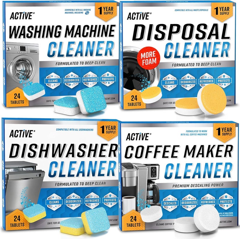 Active Washer Dishwasher Disposal & Coffee Cleaner Tablets - 96 Tabs Includes Washing Machine Cleaner, Dishwasher, Disposer, Coffee Maker Descale Tabs - Deep Clean & Refresh Appliance - 1 Year Supply - Image 1