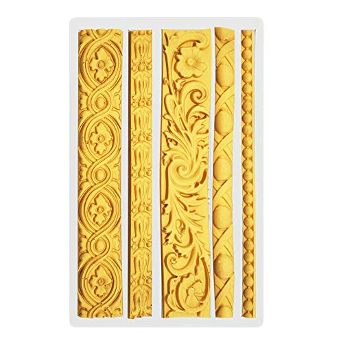 Palksky DIY Baroque Scroll Relief Cake Border Silicone Mold/Vintage Curlicues Fondant Molds Flower Frame Edible Lace Mould Mat for Birthday Candy Chocolate Sugarcraft Gum Paste Decorating Tool - Image 3