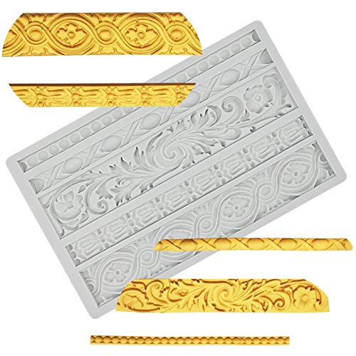 Palksky DIY Baroque Scroll Relief Cake Border Silicone Mold/Vintage Curlicues Fondant Molds Flower Frame Edible Lace Mould Mat for Birthday Candy Chocolate Sugarcraft Gum Paste Decorating Tool - Image 1