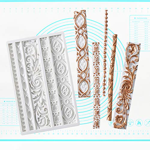 Palksky DIY Baroque Scroll Relief Cake Border Silicone Mold/Vintage Curlicues Fondant Molds Flower Frame Edible Lace Mould Mat for Birthday Candy Chocolate Sugarcraft Gum Paste Decorating Tool - Image 4