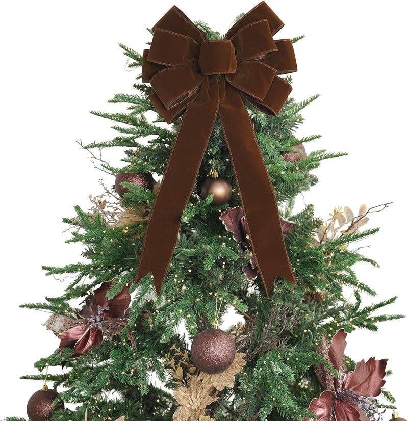 LiBongTa 13" Brown Velvet Christmas Tree Topper Bow, Premade, 13" x 20" - Image 1