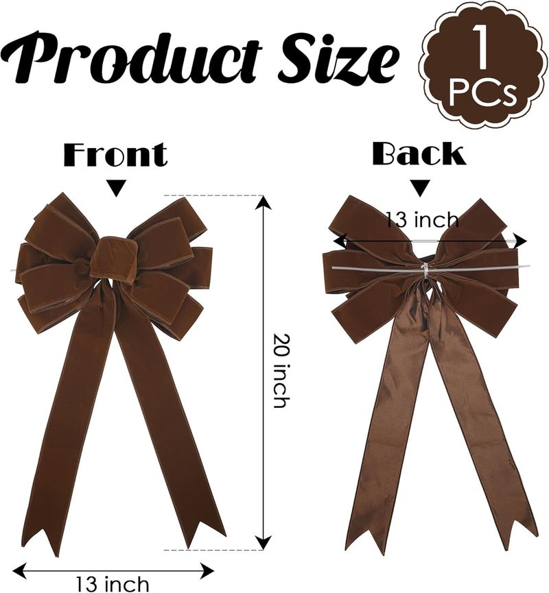 LiBongTa 13" Brown Velvet Christmas Tree Topper Bow, Premade, 13" x 20" - Image 2