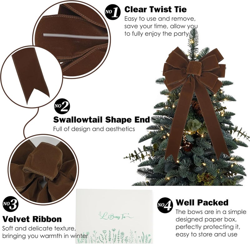 LiBongTa 13" Brown Velvet Christmas Tree Topper Bow, Premade, 13" x 20" - Image 3