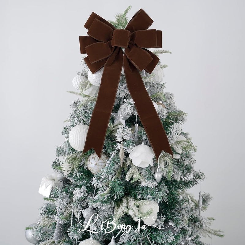 LiBongTa 13" Brown Velvet Christmas Tree Topper Bow, Premade, 13" x 20" - Image 5