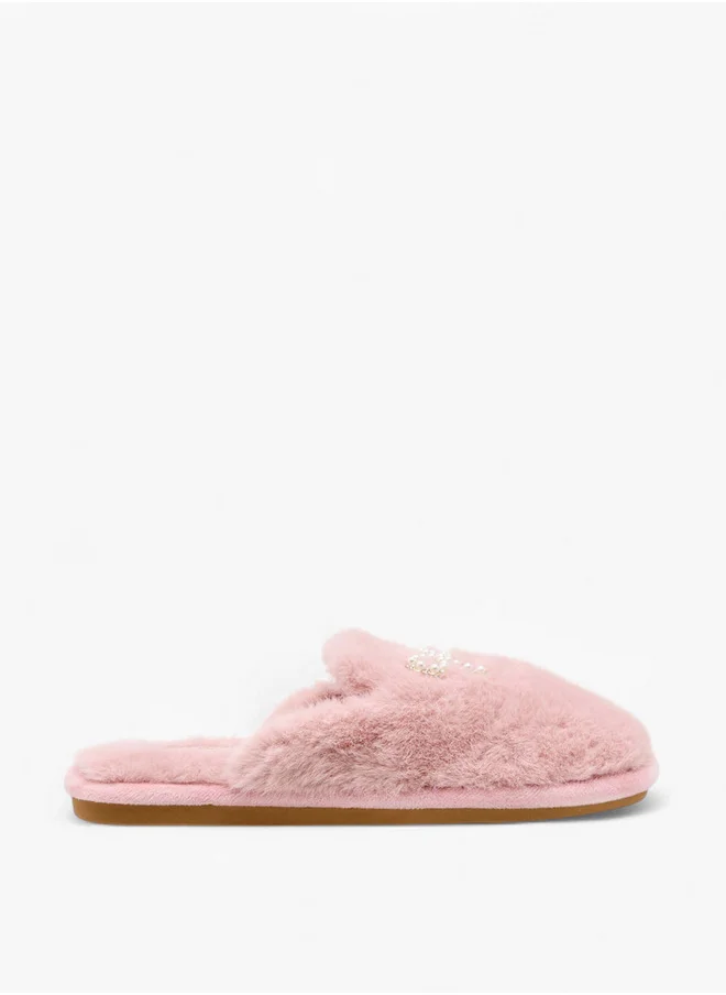 لو كونفورت Women's Bow Embellished Faux Fur Bedroom Mules