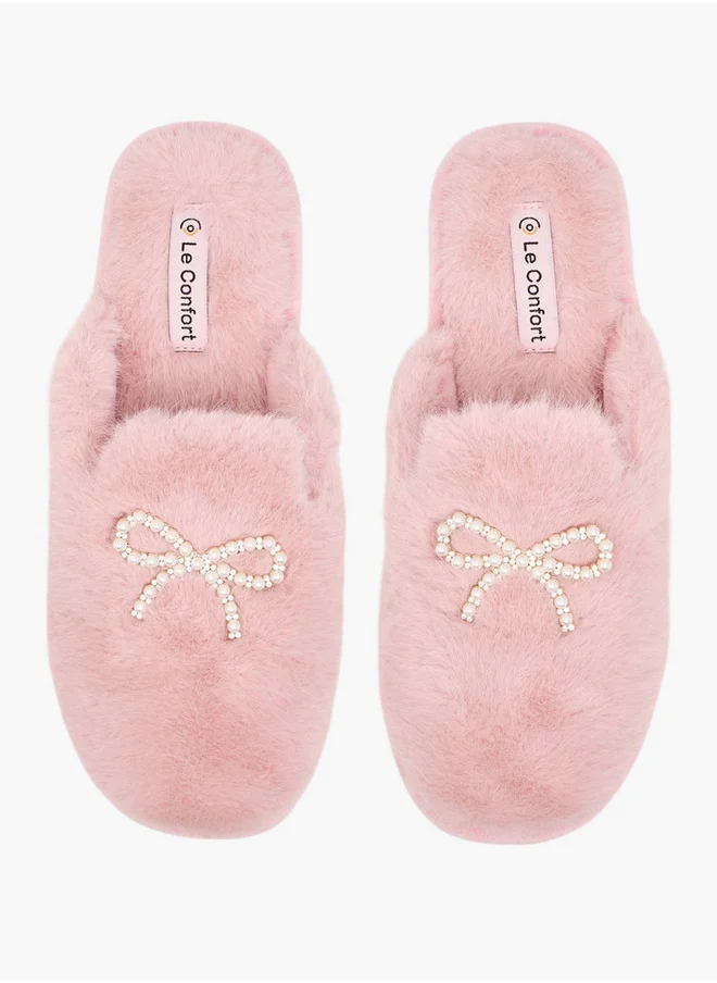 لو كونفورت Women's Bow Embellished Faux Fur Bedroom Mules