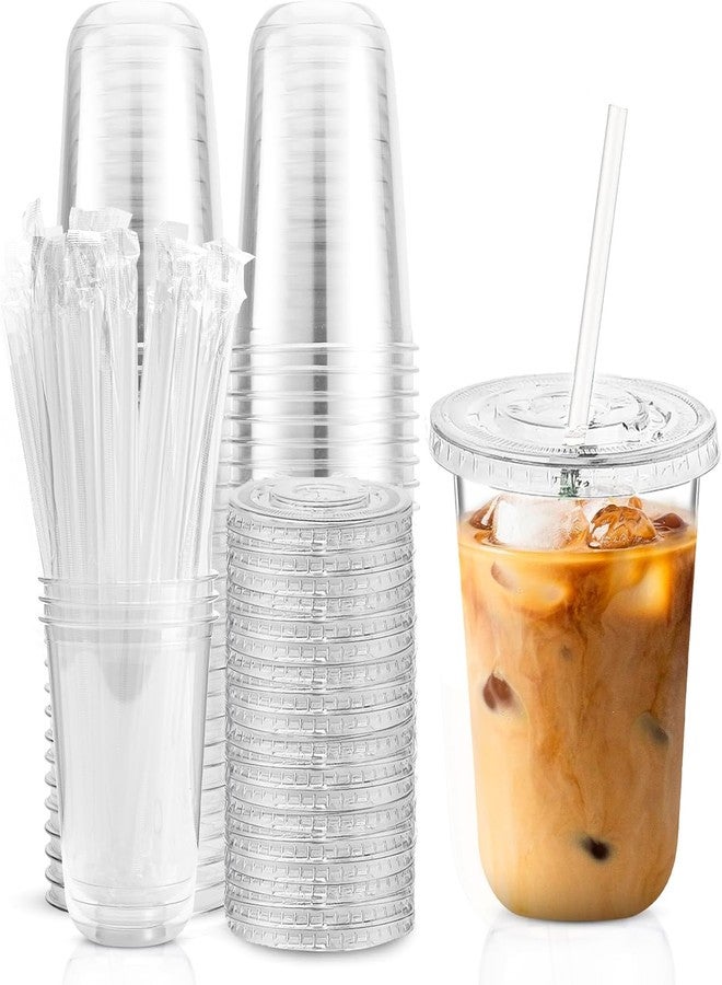 Tinsky 50 Sets Clear Plastic Cups with Lids and Straws, Disposable Iced Coffee Cups Drinking PET for Cold Drinks, Juice, Smoothie, Coffee Shops, Party, Christmas(Clear,12 oz) - Image 1