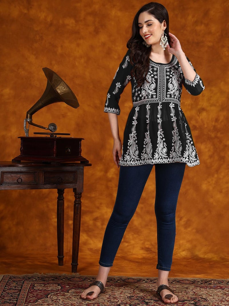 EthnicJunction Georgette Women Chikan Embroidery Short A-Line Kurti | Summer Kurti | Short Kurti for Women | Top for Office | Women's Tunics Tops | Kurta Shirt Top | Regular Fit Top Black - Image 2